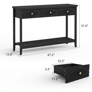 English Elm 47 Inch Fluted Console Table with 3 Drawers Open Shelf Narrow Entryway Sofa Accent T6372P562736