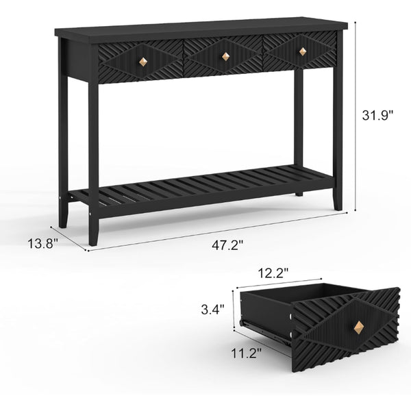 English Elm 47 Inch Fluted Console Table with 3 Drawers Open Shelf Narrow Entryway Sofa Accent T6372P562736