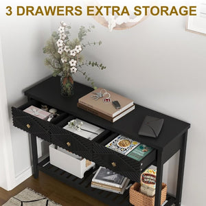 English Elm 47 Inch Fluted Console Table with 3 Drawers Open Shelf Narrow Entryway Sofa Accent T6372P562736