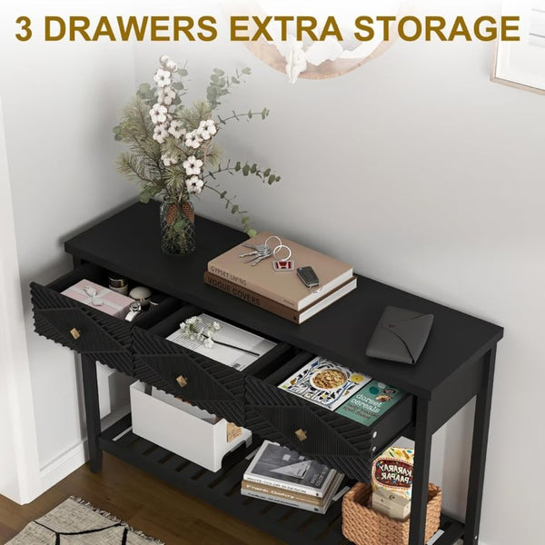English Elm 47 Inch Fluted Console Table with 3 Drawers Open Shelf Narrow Entryway Sofa Accent T6372P562736