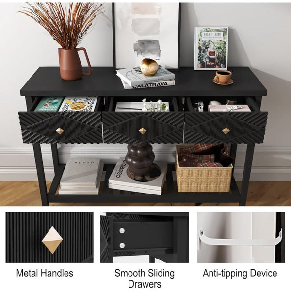 English Elm 47 Inch Fluted Console Table with 3 Drawers Open Shelf Narrow Entryway Sofa Accent T6372P562736