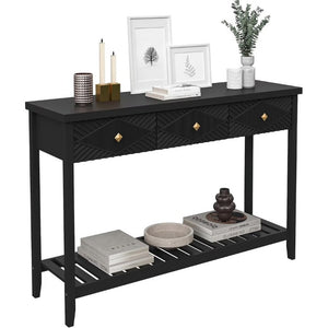 English Elm 47 Inch Fluted Console Table with 3 Drawers Open Shelf Narrow Entryway Sofa Accent T6372P562736