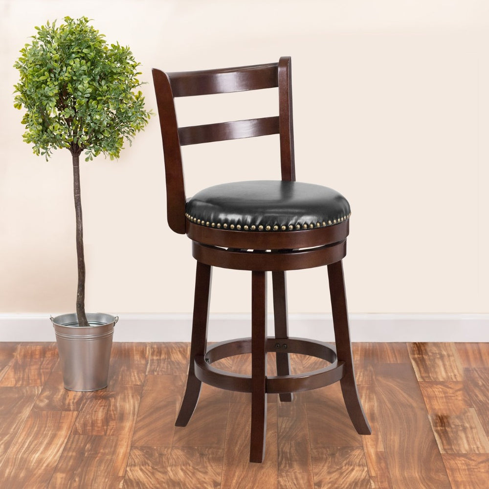 English Elm Ronnie 26'' High Cappuccino Counter Stool with Black LeatherSoft Swivel Seat - Timeless Elegance! TA-16026-CA-GG