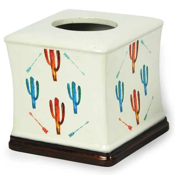 Hiend Accents Cactus Ceramic Tissue Box Cover - Vibrant Southwestern Decor For Your Bathroom Or Living Space White Ceramic Tb1756