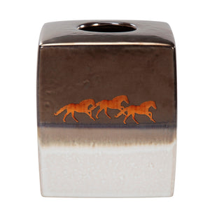 Hiend Accents Running Ceramic Tissue Box Cover With Metallic Horse Design - Elevate Your Bathroom Decor Elegantly White ,Brown,Gold Ceramic Tb2105