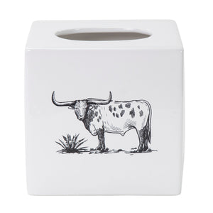 Hiend Accents Ranch Life Ceramic Tissue Box Cover - Rustic Texas Longhorn Design For Western Home Decor Charm White,Black Ceramic Tb2138