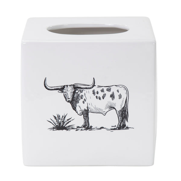 Hiend Accents Ranch Life Ceramic Tissue Box Cover - Rustic Texas Longhorn Design For Western Home Decor Charm White,Black Ceramic Tb2138