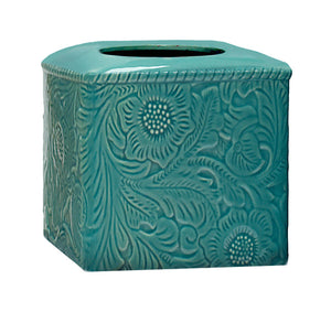 Hiend Accents Savannah Ceramic Tissue Box Cover - Elegant Handcrafted Stoneware With Unique Floral Design Turquoise Ceramic Tb4001-os-tq