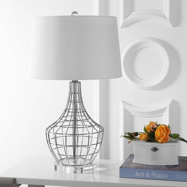 Safavieh OLGA, Elegant 28-Inch Silver Iron Table Lamp Set of 2 with White Linen Shades for Modern Spaces TBL4010A-SET2