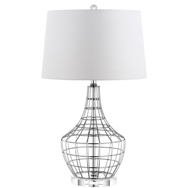 Safavieh OLGA, Elegant 28-Inch Silver Iron Table Lamp Set of 2 with White Linen Shades for Modern Spaces TBL4010A-SET2