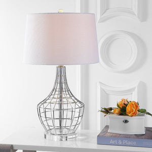 Safavieh OLGA, Elegant 28-Inch Silver Iron Table Lamp Set of 2 with White Linen Shades for Modern Spaces TBL4010A-SET2