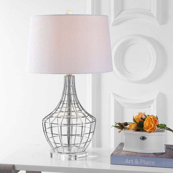 Safavieh OLGA, Elegant 28-Inch Silver Iron Table Lamp Set of 2 with White Linen Shades for Modern Spaces TBL4010A-SET2