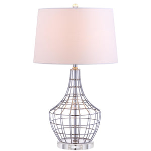 Safavieh OLGA, Elegant 28-Inch Silver Iron Table Lamp Set of 2 with White Linen Shades for Modern Spaces TBL4010A-SET2