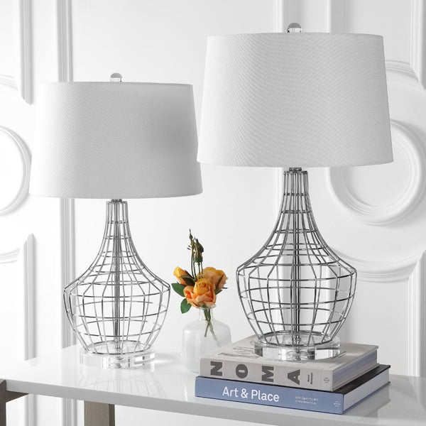 Safavieh OLGA, Elegant 28-Inch Silver Iron Table Lamp Set of 2 with White Linen Shades for Modern Spaces TBL4010A-SET2