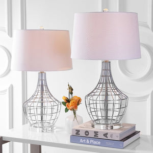 Safavieh OLGA, Elegant 28-Inch Silver Iron Table Lamp Set of 2 with White Linen Shades for Modern Spaces TBL4010A-SET2