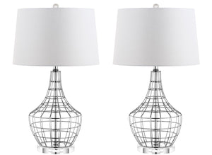 Safavieh OLGA, Elegant 28-Inch Silver Iron Table Lamp Set of 2 with White Linen Shades for Modern Spaces TBL4010A-SET2