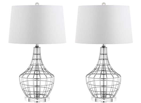 Safavieh OLGA, Elegant 28-Inch Silver Iron Table Lamp Set of 2 with White Linen Shades for Modern Spaces TBL4010A-SET2