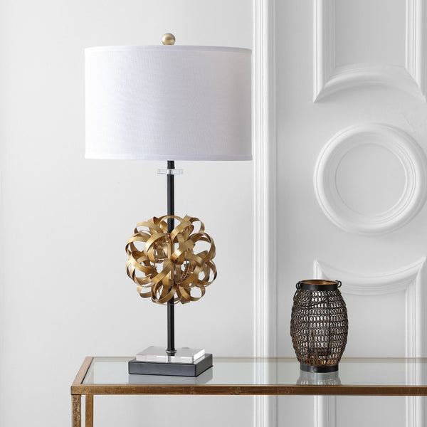 Safavieh LIONEL Table Lamp - Modern Black & Gold Leaf Design with White Linen Shade for Stylish Interiors TBL4050A-SET2