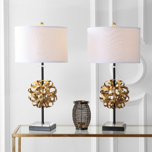 Safavieh LIONEL Table Lamp - Modern Black & Gold Leaf Design with White Linen Shade for Stylish Interiors TBL4050A-SET2