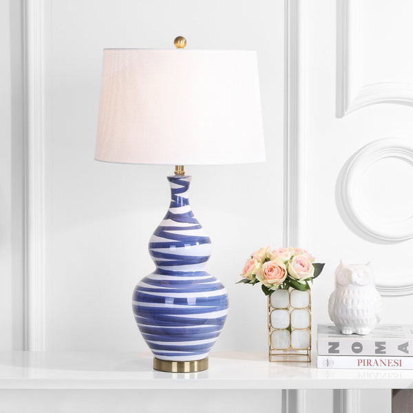 Safavieh AVIANA Table Lamp - Modern Gold & Blue Accent with White Linen Shade for Stylish Ambient Lighting TBL4052A