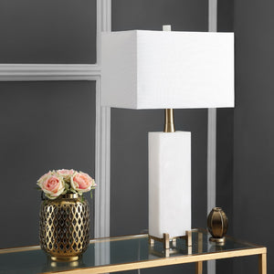 Safavieh SLOANE Alabaster Table Lamp - Elegant White Linen Shade & Gold Accents for Cozy Ambiance & Style TBL4065A
