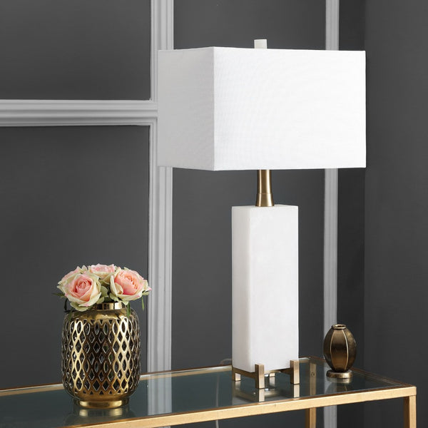 Safavieh SLOANE Alabaster Table Lamp - Elegant White Linen Shade & Gold Accents for Cozy Ambiance & Style TBL4065A