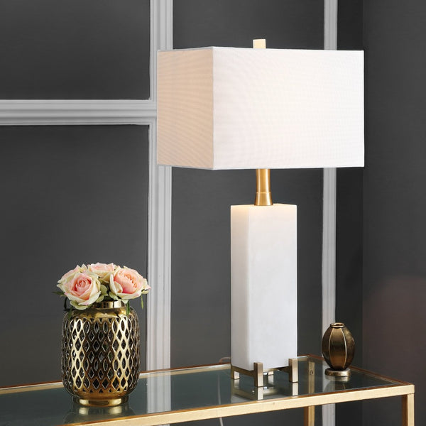 Safavieh SLOANE Alabaster Table Lamp - Elegant White Linen Shade & Gold Accents for Cozy Ambiance & Style TBL4065A