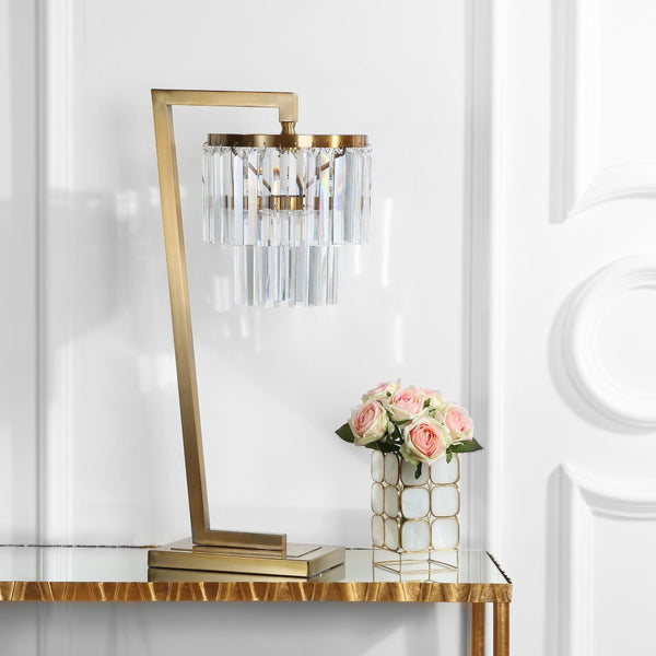 Safavieh CALLUM Table Lamp - Gold Metal & Crystal Accents with White Linen Shade for Elegant Illumination TBL4073A