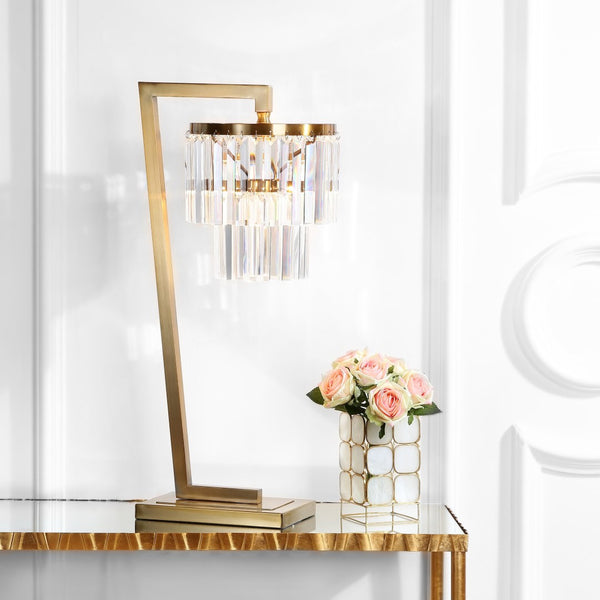 Safavieh CALLUM Table Lamp - Gold Metal & Crystal Accents with White Linen Shade for Elegant Illumination TBL4073A