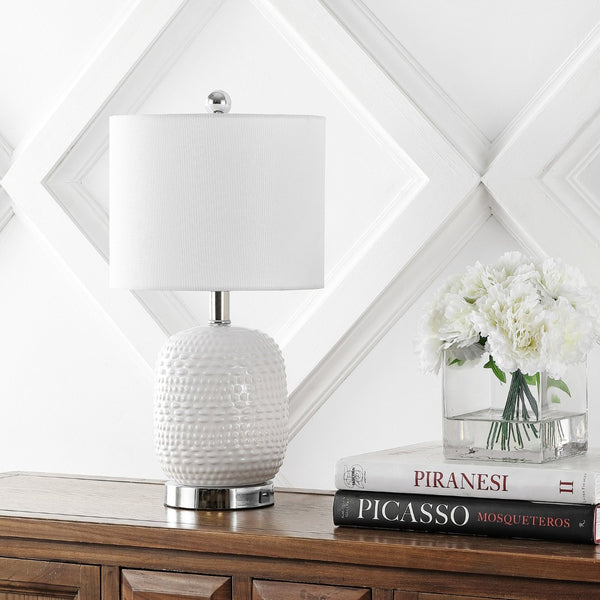Safavieh TUCANA Table Lamp - Elegant White Finish, Textured Base & Cozy Fabric Shade for Any Space TBL4099A