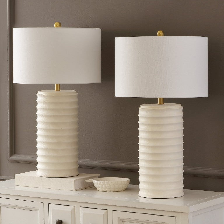 Safavieh Melina, Polyresin Table Lamp Set Bone Textured Base with Fabric Shade for Neutral Rooms TBL4121B-SET2