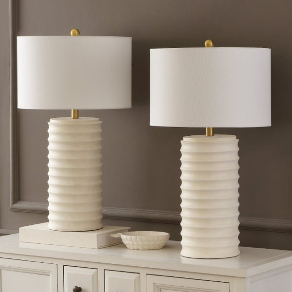 Safavieh Melina, Polyresin Table Lamp Set Bone Textured Base with Fabric Shade for Neutral Rooms TBL4121B-SET2