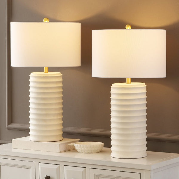 Safavieh Melina, Polyresin Table Lamp Set Bone Textured Base with Fabric Shade for Neutral Rooms TBL4121B-SET2