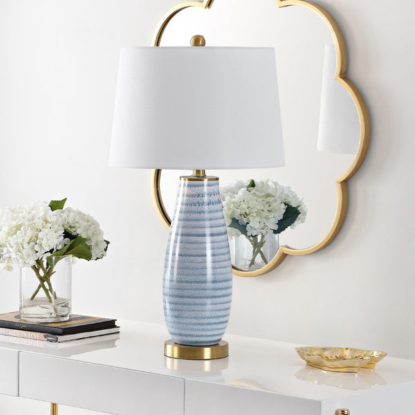 Safavieh ELIANA, 27.5 Inch Serene Blue Glass Table Lamp with Elegant Iron Base for Stylish Home Lighting TBL4278A