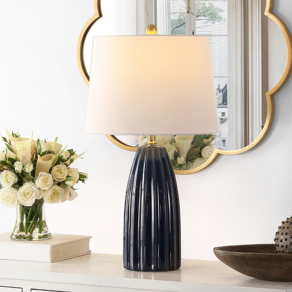 Safavieh KAYDEN, Elegant 25.5-Inch Ceramic Table Lamp for Chic Lighting in Modern and Classic Interiors Navy Blue TBL4343B