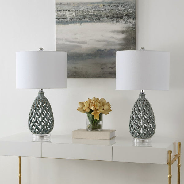 Safavieh QUIN, Elegant 25-Inch Grey Ceramic and Iron Table Lamp Set of 2 for Modern Home Décor Accent Lighting TBL4407A-SET2
