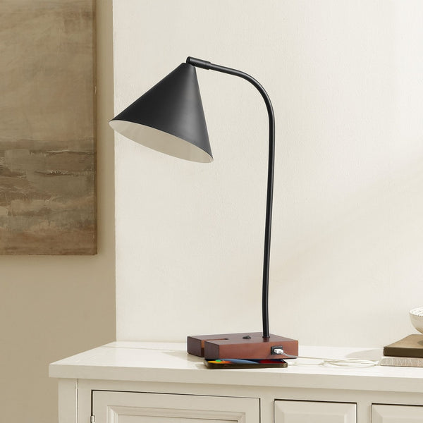Safavieh NUKA, Modern Iron and Wood Table Lamp with USB Port – Stylish Lighting for Home and Office Spaces Black / Walnut TBL4544A