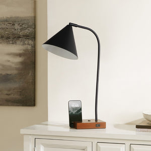 Safavieh NUKA, Modern Iron and Wood Table Lamp with USB Port – Stylish Lighting for Home and Office Spaces Black / Walnut TBL4544A