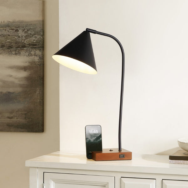 Safavieh NUKA, Modern Iron and Wood Table Lamp with USB Port – Stylish Lighting for Home and Office Spaces Black / Walnut TBL4544A