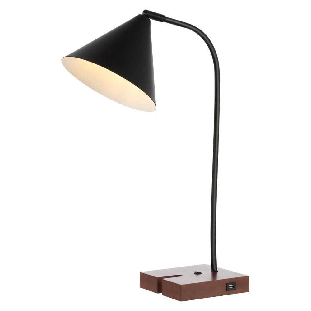 Safavieh NUKA, Modern Iron and Wood Table Lamp with USB Port – Stylish Lighting for Home and Office Spaces Black / Walnut TBL4544A