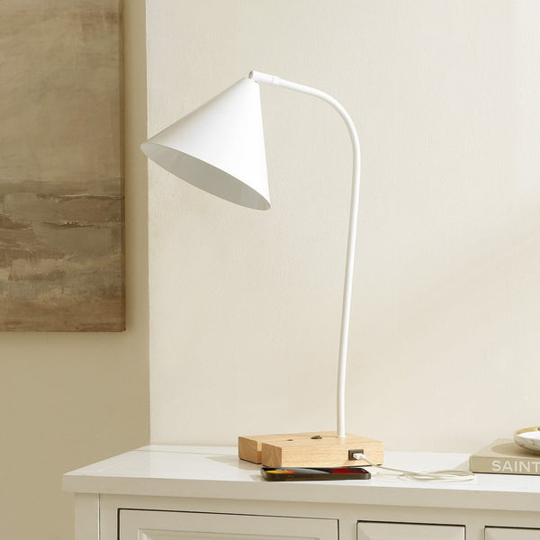 Safavieh NUKA, Modern Iron and Wood Table Lamp with USB Port – Stylish Lighting for Home and Office Spaces White / Natural TBL4544B