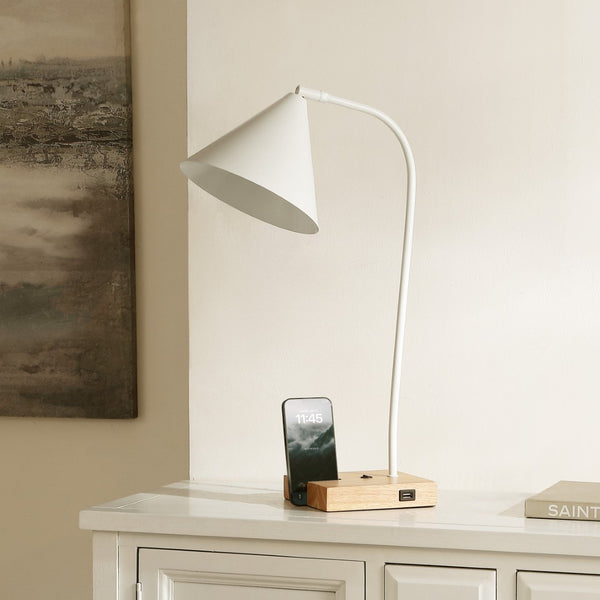Safavieh NUKA, Modern Iron and Wood Table Lamp with USB Port – Stylish Lighting for Home and Office Spaces White / Natural TBL4544B