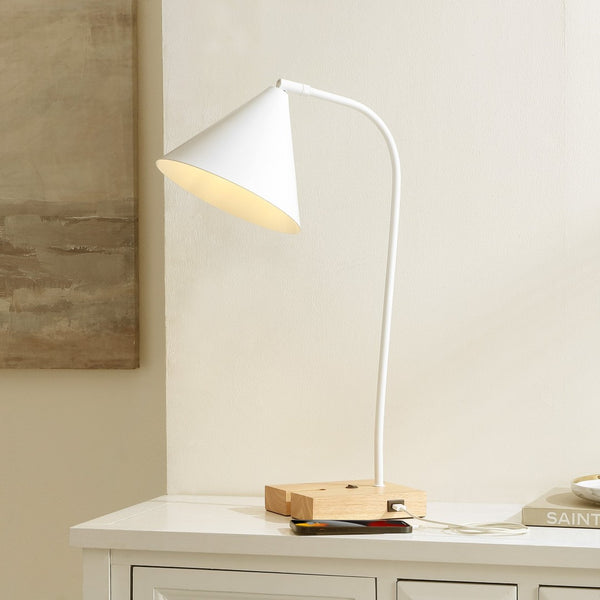 Safavieh NUKA, Modern Iron and Wood Table Lamp with USB Port – Stylish Lighting for Home and Office Spaces White / Natural TBL4544B