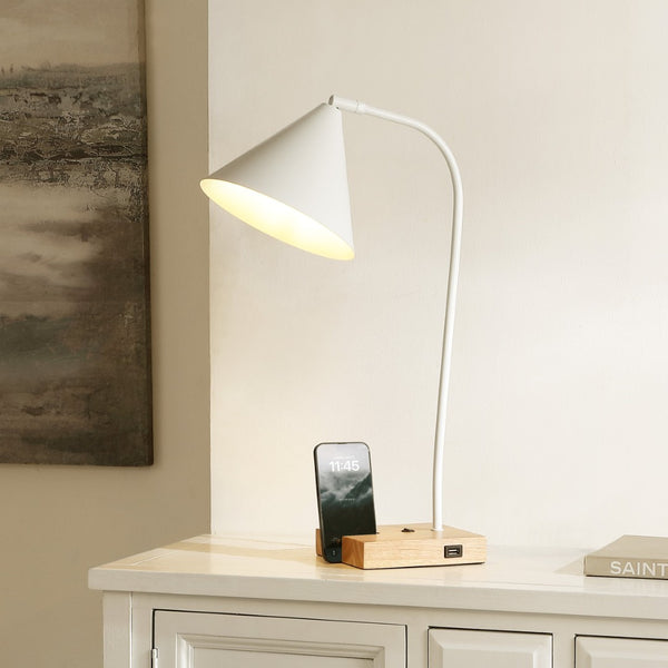 Safavieh NUKA, Modern Iron and Wood Table Lamp with USB Port – Stylish Lighting for Home and Office Spaces White / Natural TBL4544B