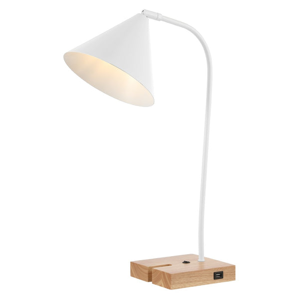 Safavieh NUKA, Modern Iron and Wood Table Lamp with USB Port – Stylish Lighting for Home and Office Spaces White / Natural TBL4544B