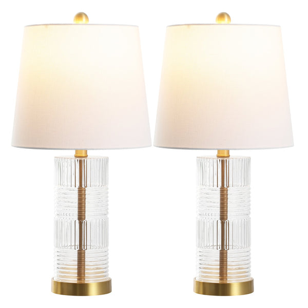 Safavieh Faille, Elegant 22-inch Clear And Brass Glass Table Lamp Set Of 2 For Sophisticated Decor Clear ,Brass Glass Body ,Fabric Shade Tbl4619a-set2
