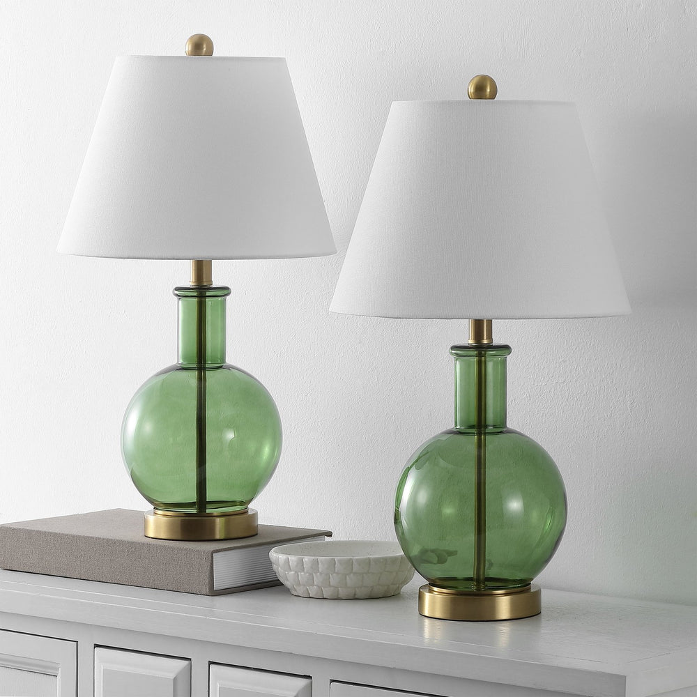 Safavieh Camelie, Elegant 22-inch Green And Brass Glass Table Lamp Set Of 2 For Stylish Home Lighting Green ,Brass Glass Body ,Fabric Shade Tbl4622a-set2