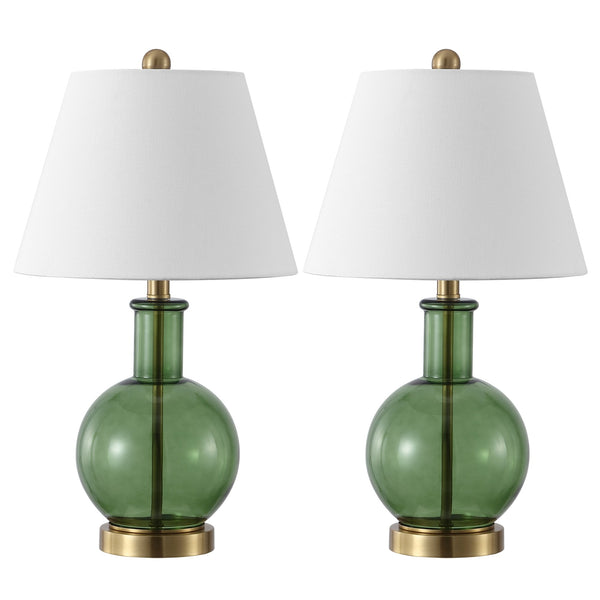 Safavieh Camelie, Elegant 22-inch Green And Brass Glass Table Lamp Set Of 2 For Stylish Home Lighting Green ,Brass Glass Body ,Fabric Shade Tbl4622a-set2