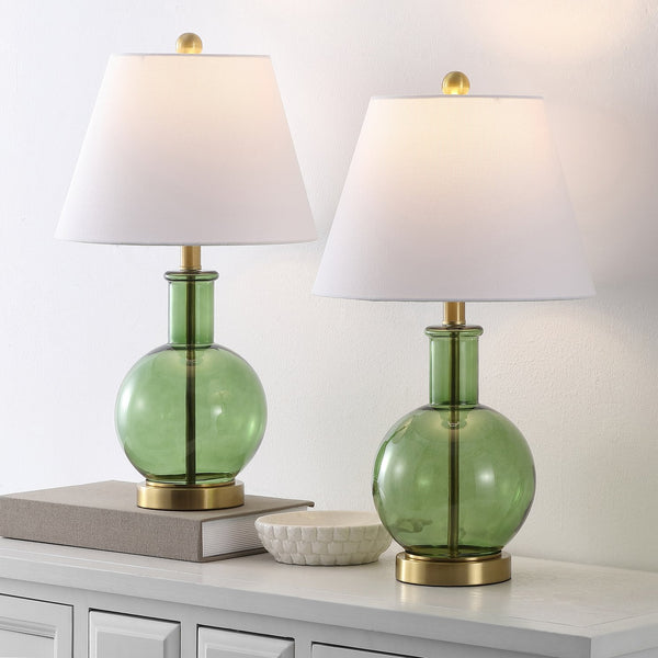 Safavieh Camelie, Elegant 22-inch Green And Brass Glass Table Lamp Set Of 2 For Stylish Home Lighting Green ,Brass Glass Body ,Fabric Shade Tbl4622a-set2