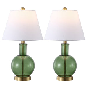Safavieh Camelie, Elegant 22-inch Green And Brass Glass Table Lamp Set Of 2 For Stylish Home Lighting Green ,Brass Glass Body ,Fabric Shade Tbl4622a-set2